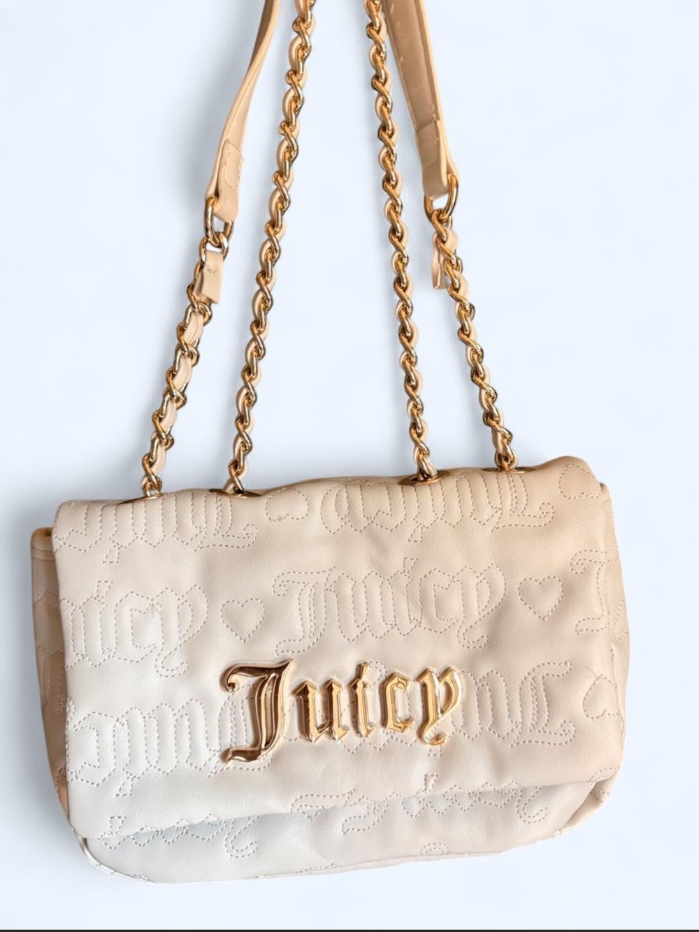Juicy Couture Cream “Say My Name” Quilted Fold Over Chain Strap Shoulder Bag
